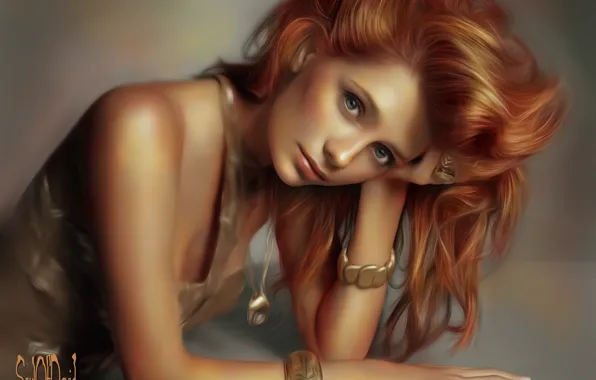 Картинка взгляд, девушка, украшения, лицо, Mischa Barton, рука, арт, браслет, рыжие волосы