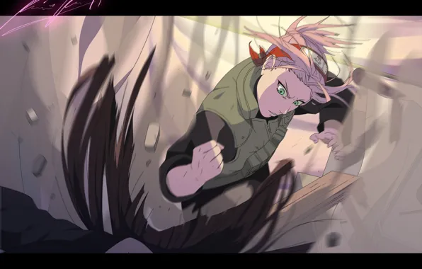 Картинка взгляд, девушка, камни, пыль, удар, повязка, Naruto, Sakura Haruno