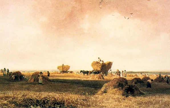 Картинка поле, небо, птицы, люди, картина, сено, жатва, воз
