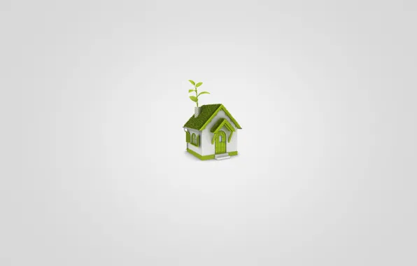 Картинка белый, трава, листья, зеленый, дом, минимализм, домик, светлый фон