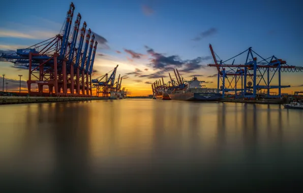 Картинка закат, порт, Hamburg