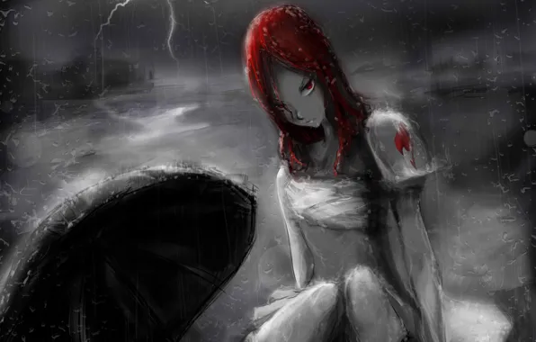 Картинка девушка, дождь, молния, зонт, аниме, арт, fairy tail, сказка о хвосте феи, erza scarlet