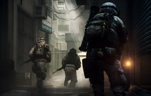 Картинка туман, солдаты, переулок, battlefield 3, свет.