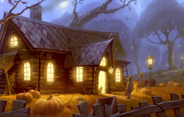 Картинка лес, кот, свет, дом, тыквы, хэллоуин, deviantart, unidcolor, ведьма? =)