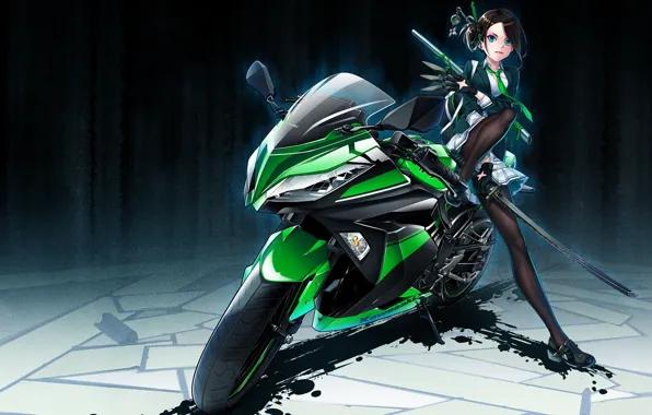 Картинка девушка, меч, аниме, арт, мотоцикл, hamada youho