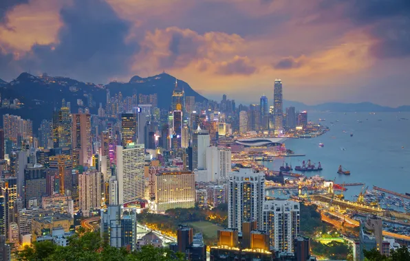 Картинка море, побережье, China, здания, Гонконг, порт, панорама, Китай, ночной город, небоскрёбы, Hong Kong, Victoria Harbour, …