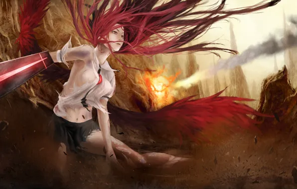 Картинка девушка, оружие, крылья, длинные волосы, reiuji utsuho, touhou, solo, красные волосы, рваная одежда, akaikitsune
