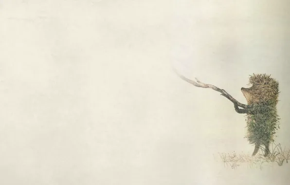 Картинка туман, минимализм, травка, палка, темноватый, ежик в тумане