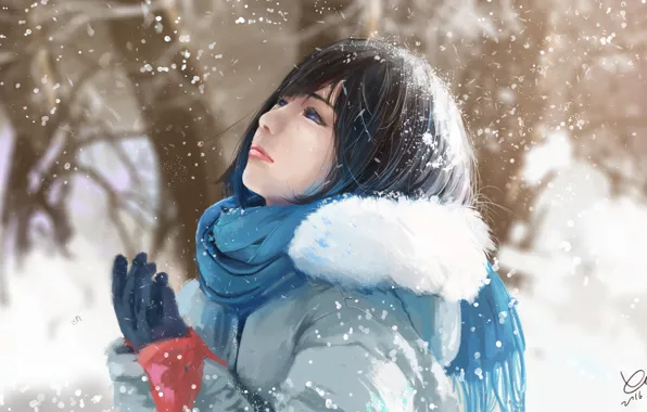Картинка зима, девушка, снег, природа, арт, by xichechen