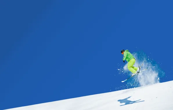 Картинка небо, снег, горы, прыжок, спорт, лыжи, лыжник