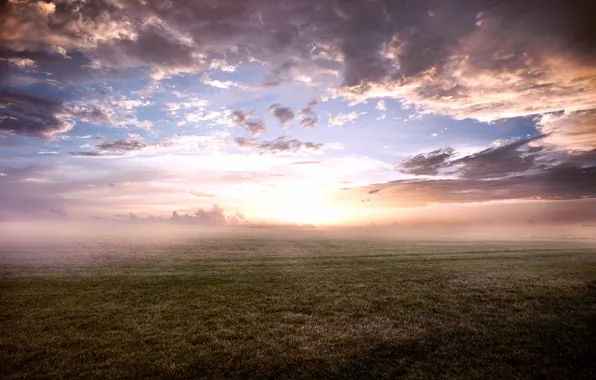 Картинка небо, трава, облака, туман, утро