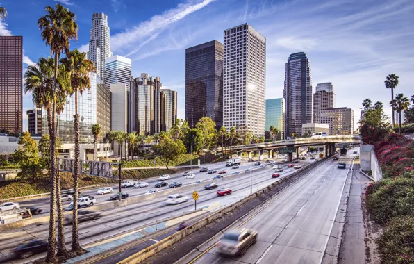 Картинка дорога, машины, город, здания, Los Angeles, citi