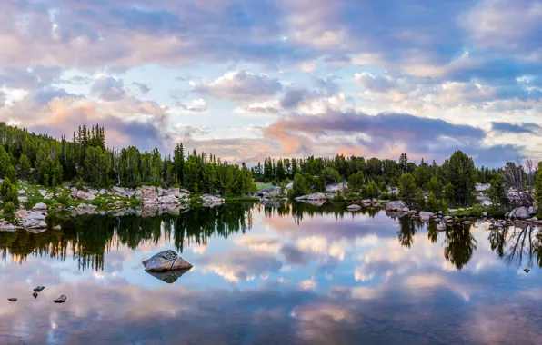 Картинка лес, небо, вода, облака, деревья, озеро, отражение, камни, вечер, панорама, США, Wyoming