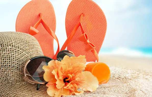 Картинка песок, море, пляж, лето, отдых, шляпа, очки, summer, beach, sun, glasses, сланцы, vacation, accessories