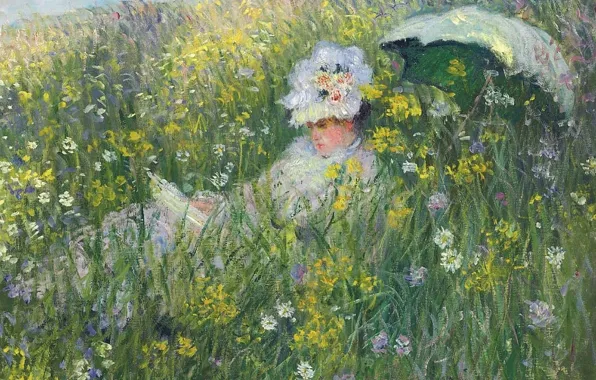 Картинка трава, девушка, цветы, природа, картина, зонт, Клод Моне, На Лугу