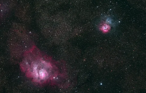 Картинка свечение, звёзды, Лагуна, Трехраздельная, две очень известных туманности в созвездии Стрельца