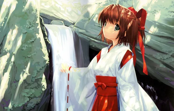 Картинка камни, водопад, девочка, кимоно, жрица, красная лента, by Ueda Ryou