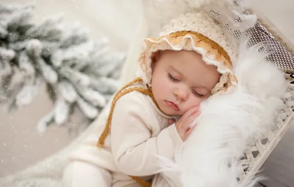 Картинка снег, сон, ветка, мех, ребёнок, младенец