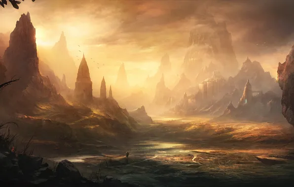 Картинка вода, пейзаж, закат, замок, скалы, человек, долина, арт, крепость, путник