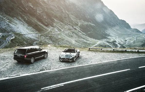 Картинка car, горы, range rover, jaguar f-type