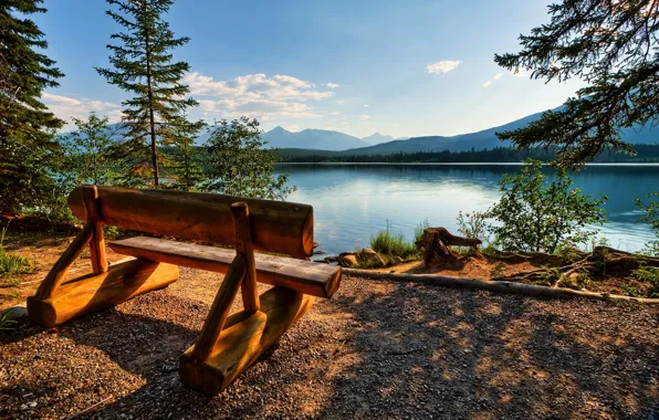 Картинка скамейка, Небо, Озеро, Канада, Jasper, Alberta