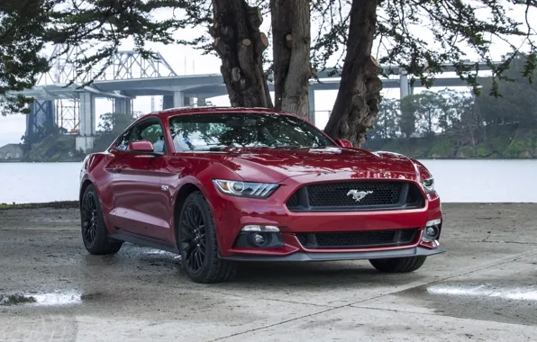 Картинка mustang, red, ford, 5.0, brige