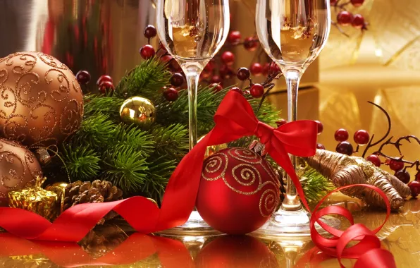 Картинка праздник, шары, игрушки, новый год, ель, бокалы, лента, декорации, шампанское, шишки, happy new year, christmas …