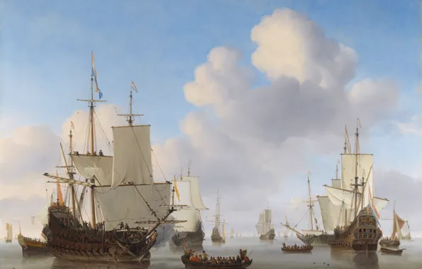 Картинка море, вода, облака, корабли, лодки, паруса, штиль, флаги, флот, нидерланды, маринист, Willem van de Velde …