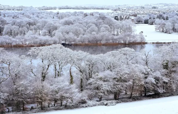 Картинка river, winter, snow, village
