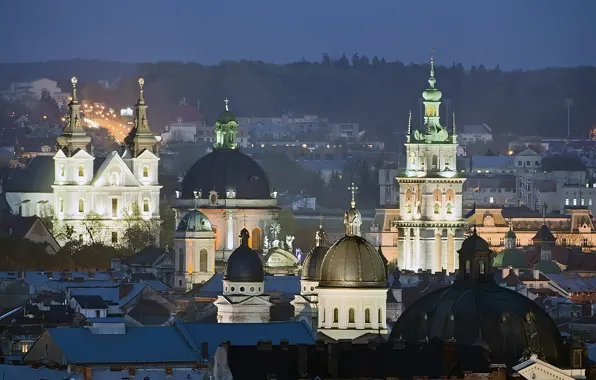 Картинка дома, вечер, Украина, монастырь, Львов, колокольня, вид на город, Успенская церковь, Доминиканский собор