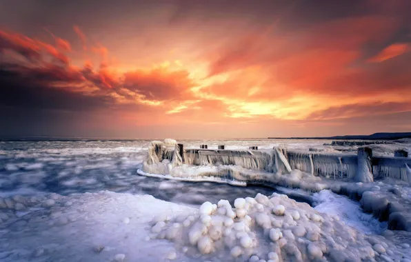 Картинка море, закат, мост, берег, лёд