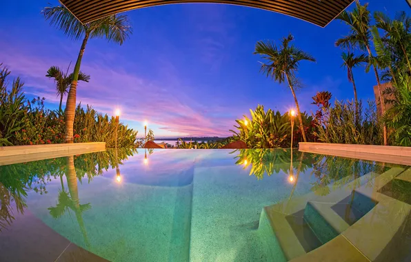 Картинка закат, пальмы, океан, вилла, вечер, бассейн, освещение, курорт, Fiji