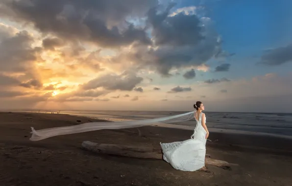 Картинка море, девушка, ветер, берег, платье
