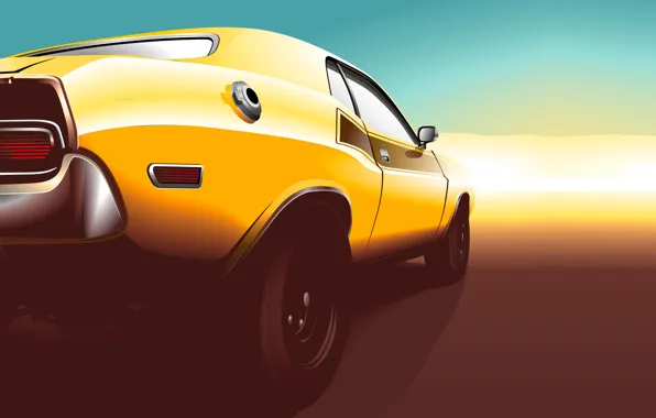 Картинка закат, жёлтый, вектор, Dodge, Challenger, мускул кар, додж, yellow, muscle car, rear, челленджер