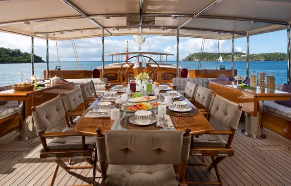 Картинка breakfast, tables, chairs, cockpit, deck, Athos, luxury motor yacht Athos, Caribbean Sailing Charters
