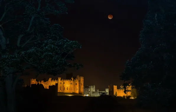 Картинка eclipse, Alnwick Castle, red moon