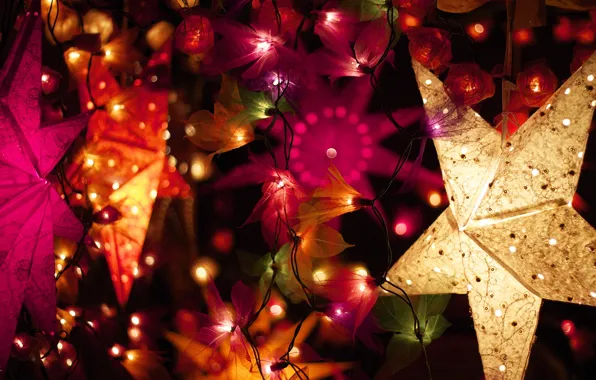 Картинка зима, украшения, огни, звезда, Новый Год, Рождество, декорации, гирлянда, Christmas, разноцветные, праздники, New Year, золотая
