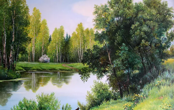 Картинка лес, деревья, пейзаж, природа, полотно, берег, лодка, рисунок, речка, кусты, Gorbatenko, May greens