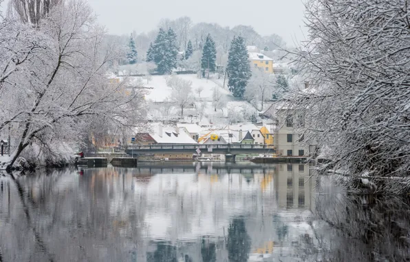Картинка зима, снег, деревья, река, Прага, Чехия, Влтава