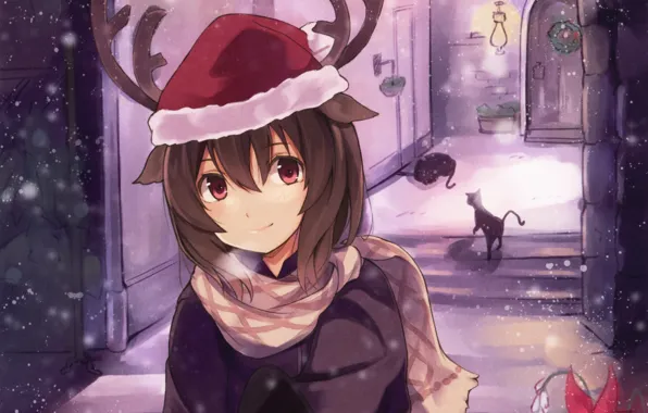 Картинка зима, девушка, снег, праздник, коты, рождество, аниме, арт, фонари, рога, kyuri