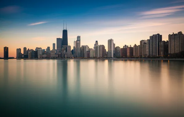 Картинка город, отражение, океан, берег, небоскребы, Чикаго, Иллиноис, панорамма