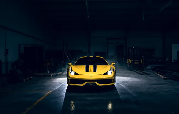 Картинка Dark, Light, Ferrari, 458, Front, Yellow, Supercar, Speciale, Garage