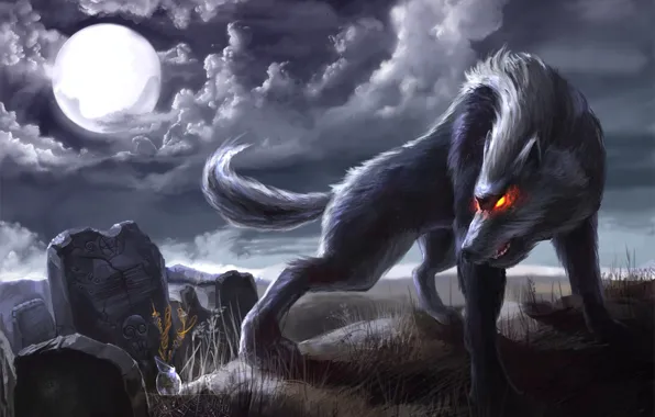 Картинка ночь, луна, паутина, Волк, надгробия, горящие глаза