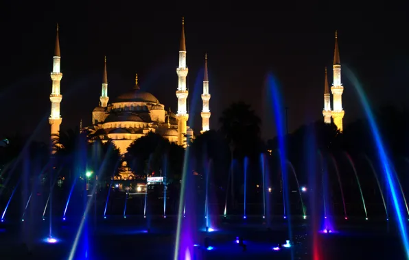 Картинка ночь, фонтан, light, Стамбул, Турция, night, Istanbul, Turkey, голубая мечеть