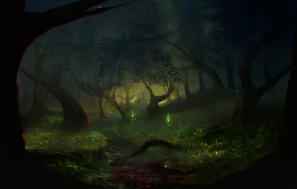 Картинка лес, трава, деревья, ночь, арт, нарисованный пейзаж