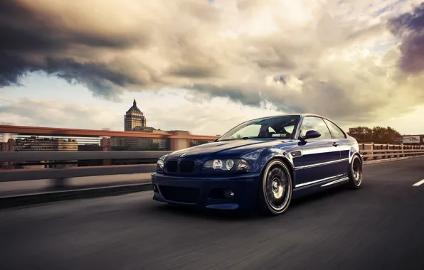 Картинка бмв, BMW, blue, front, E46, в движение