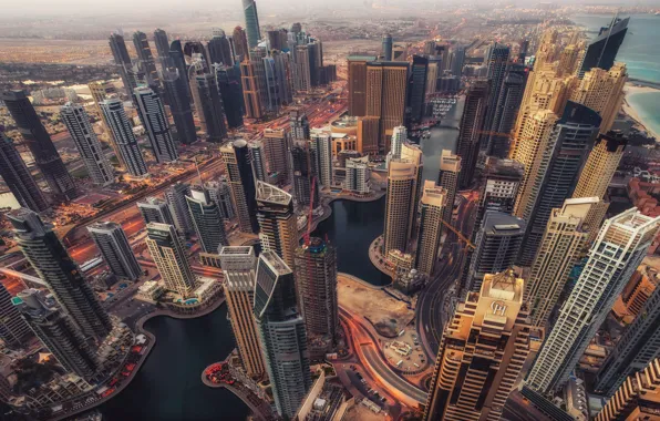 Картинка город, высота, небоскребы, Дубаи, ОАЭ, панорамма