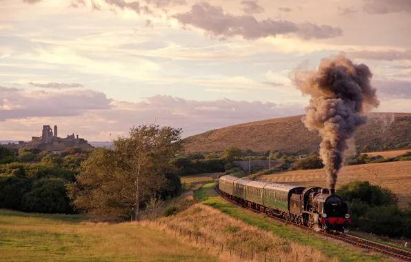 Картинка путь, дым, поля, поезд, паровоз, вагоны, железная дорога, Великобритания, луга, возвышенность, руины замка Корф