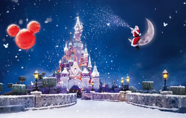 Картинка снег, огни, замок, праздник, волшебство, луна, Париж, Рождество, фонари, Новый год, Диснейленд, Санта Клаус, гирлянды, …