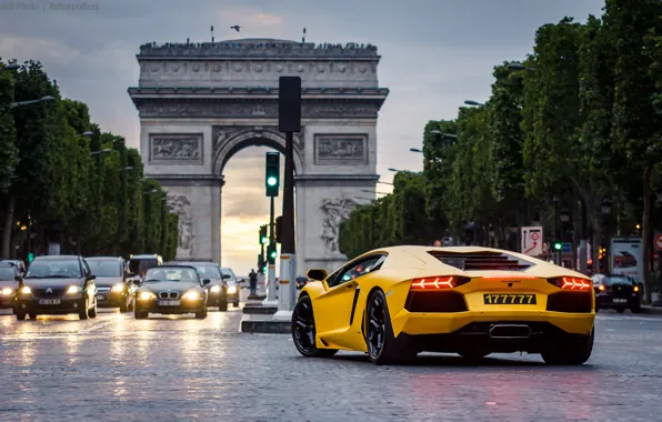 Картинка Париж, Paris, cars, yellow, night, Lamborghini Aventador